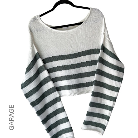 GARAGE | NWOT CROP BOATNECK COTTON SWEATER GREEN & WHITE STRIPE | MED-LRG - Picture 1 of 12